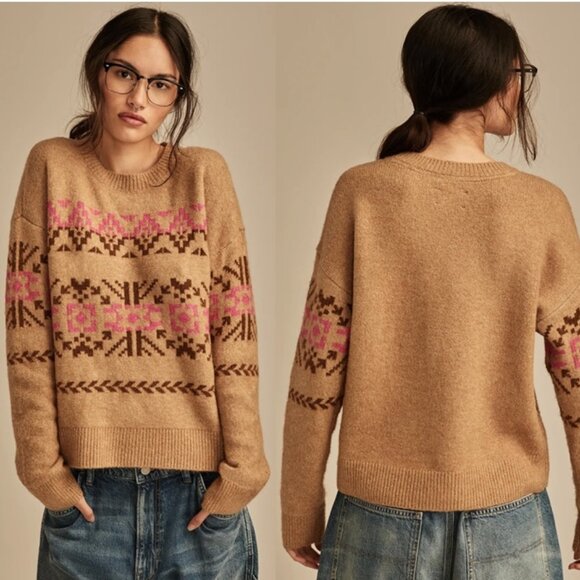 NEW Lucky Brand Fair Isle Crew Neck Sweater Brown Pink Boho Camel Multi - Picture 1 of 3